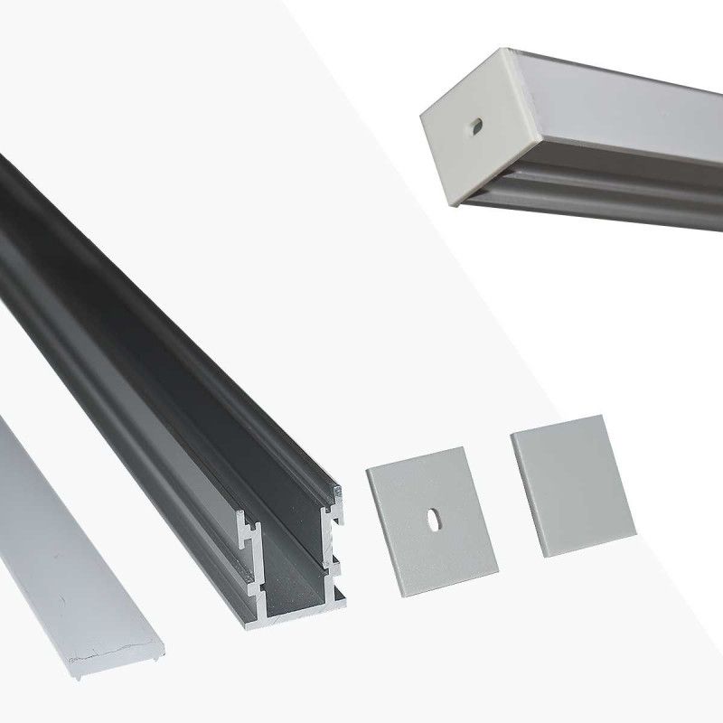 Profilé encastré en aluminium pour bande LED avec diffuseur - 2 caches -  21x26mm - IP54 - 2 mètres