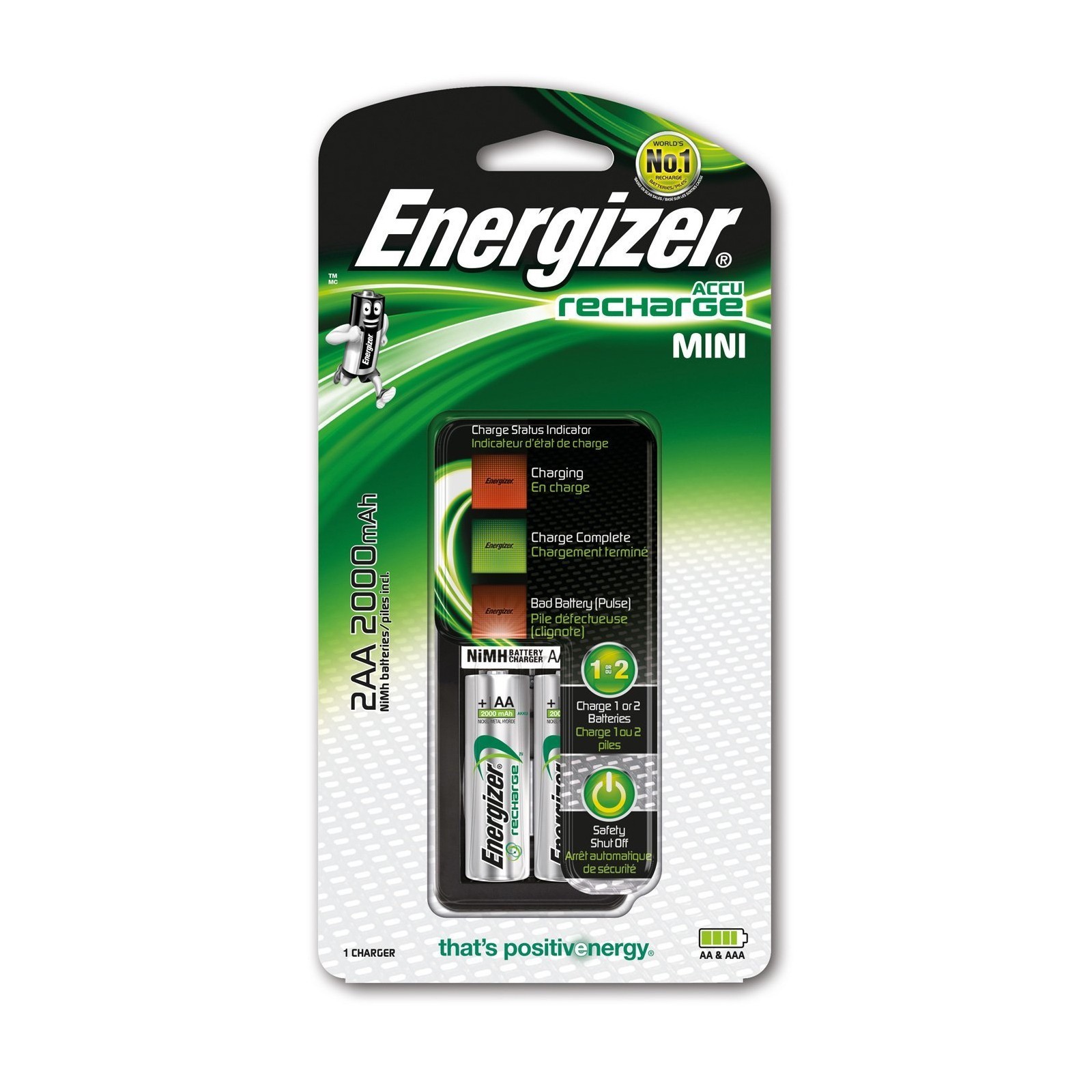Mini chargeur de piles Energizer + 2 AA HR6 2000mAh incluses