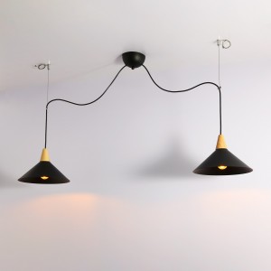 Double lampe suspendue en métal et bois "Selroom" - Noir - 2xE27