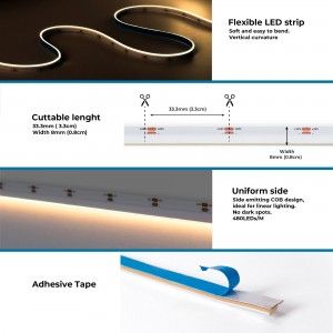 Ruban LED COB monochrome 24V DC - Emission latérale - 9W/m - 8mm - IP20 - Coupe 3cm - Rouleau de 5 mètres